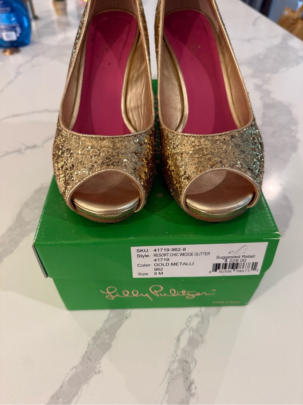 Lilly Pulitzer Gold Glitter Open-Toe Wedge Pumps with Pink Liner